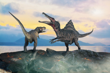 3D Illustration of a battle between two prehistoric dinosaur