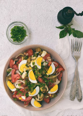 Salad from baked eggplants, onions, tomatoes, eggs, dressed with olive oil and apple vinegar on a light background. Copy space.