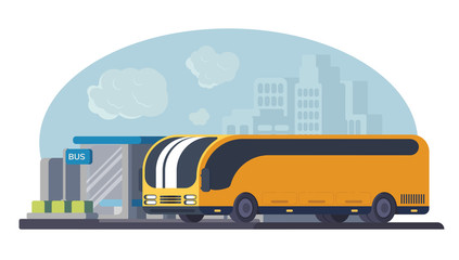 Modern city bus stop with orange bus. Transport for transportation of passangers and intercity communications. Vector flat illustration.