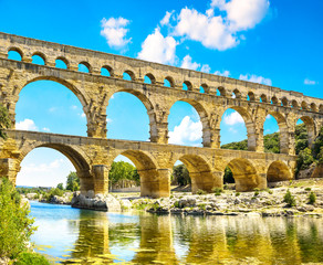 Roman aqueduct Pont du Gard, Unesco World Heritage site. Located near Nimes, Languedoc, France,...