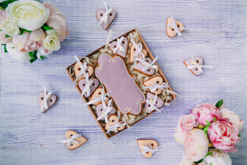 set cookie hearts place inscription flowers ribbons