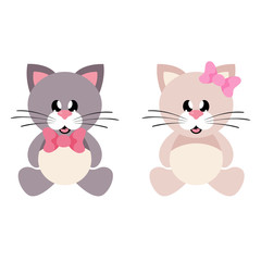 cartoon cute cat sitting with tie and girl with bow set