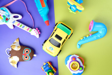 boys toys on color background. top view.