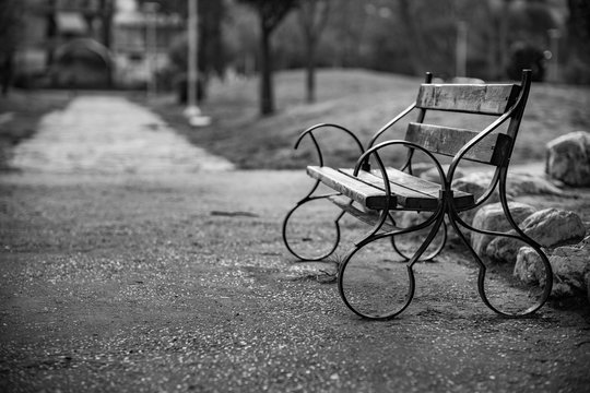 Beautiful Bench in the Park, Black and White classic style photograph, Nostalgia for Old Photography