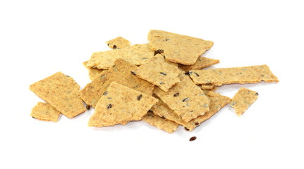 Fresh integral salted sticks biscuit with linseed on white background