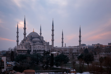 Fototapeta na wymiar Istanbul, Turkey. Sultan Ahmet Camii named Blue Mosque turkish islamic landmark with six minarets, main attraction of the city.