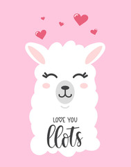 Love you llots llama quote with doodles. Llama motivational and inspirational vector poster. Simple cute white llama drawing with lettering, hand drawn vector illustration for cards, t-shirts, cases.