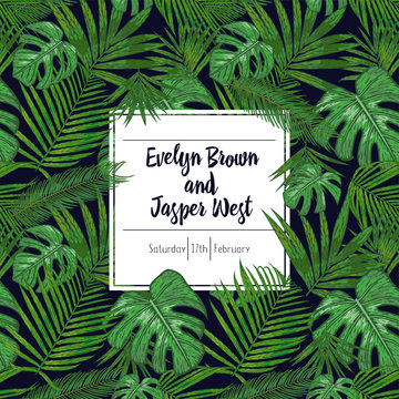 Wedding marriage event invitation card template. Exotic tropical jungle rainforest bright green palm monstera, sago, areca leaves border frame