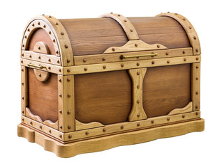 wooden chest with closed lid, wood oak, isolated on white background