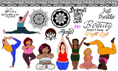A selection of digitally hand drawn images of ladies performing yoga exercises with some quotes and designs to fit in with the theme