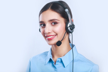 Woman customer service worker, call center smiling operator with phone headset
