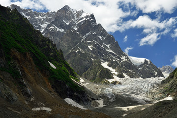 Fototapeta na wymiar A front part on the Chalaadi glacier in the Caucasus, Georgia