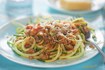 Spiralled courgette spaghetti with bolognese sauce 