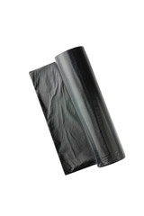 Packages for garbage on a white background. Roll of black plastic bags close-up.