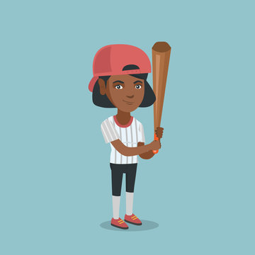 Full length of african-american smiling baseball player in uniform holding a bat