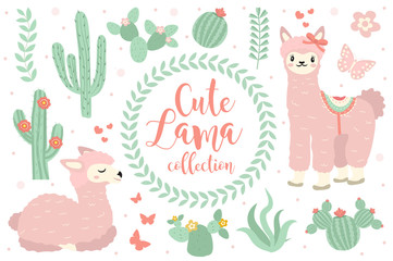 Cute lama set objects. Collection design elements with llama, cactus, lovely flowers. Isolated on white background. Alpaca princess character. Kids baby clip art  funny smiling animal. Vector © Lucia Fox
