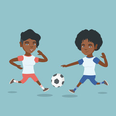 Two african-american sportswomen playing football. Young football players fighting over the control of a ball. Sport and leisure concept. Vector cartoon illustration. Square layout.