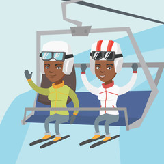 African skiers sitting on ski elevator with raised hands. Happy skiers using a cableway at winter ski resort. Winter sport and leisure activity concept. Vector cartoon illustration. Square layout.