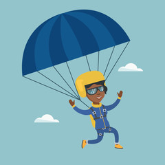 African-american skydiver flying with a parachute. Young happy skydiver descending with a parachute in the sky. Sport and leisure activity concept. Vector cartoon illustration. Square layout.
