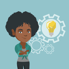 Young african-american business woman having a creative idea. Business woman with a business idea light bulb in a cogwheel. Successful business idea concept. Vector cartoon illustration. Square layout