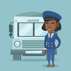 African-american cheerful female school bus driver standing on the background of bus. Full length of happy smiling school bus driver in uniform. Vector cartoon illustration. Square layout.