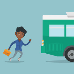 African-american business woman running for an outgoing bus. Young business woman chasing a bus. Latecomer business woman running to reach a bus. Vector cartoon illustration. Square layout.