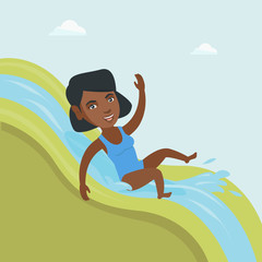 Young african-american woman riding down a waterslide in aquapark. Happy woman having fun on a water slide in waterpark. Woman going down a water slide. Vector cartoon illustration. Square layout.