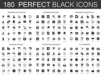 Business motivation, analysis, business essentials, business project, startup development, e-commerce black classic icon set.