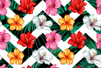 Vector tropical leaves hibiscus seamless pattern © belokrylowa