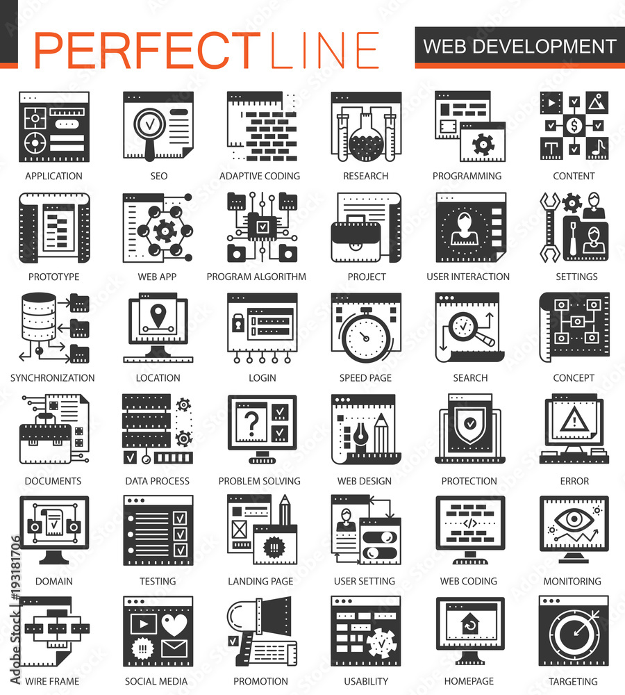 Poster web development black mini concept icons and infographic symbols set