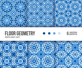 Tapeten Digital paper pack, set of 6 abstract seamless patterns. Abstract geometric blue backgrounds. Vector illustration. Portuguese floor tiles design. © Slanapotam