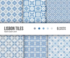 Gordijnen Digital paper pack, set of 6 abstract seamless patterns. Abstract geometric backgrounds. Vector illustration. Portuguese floor tiles design. © Slanapotam