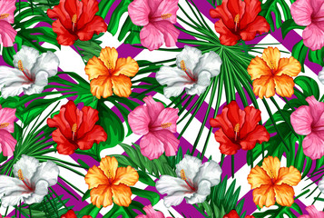 Vector tropical leaves hibiscus seamless pattern