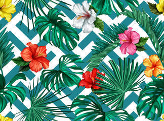 Vector tropical leaves hibiscus seamless pattern