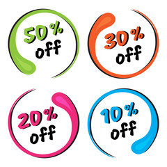 Colorful set of round frame. 10%, 20%, 30%, 50% off. Discount price label. Vector illustration