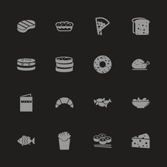 Food icons - Gray symbol on black background. Simple illustration. Flat Vector Icon.