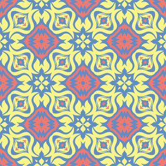Blue seamless pattern with floral design. Colored background with red yellow flower elements