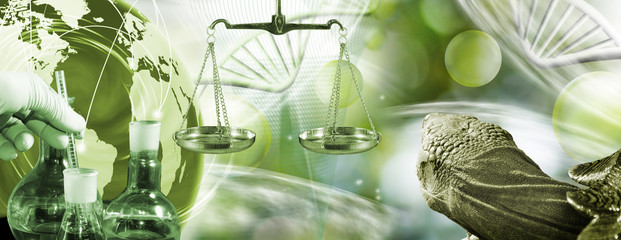 chemical flasks, hand in glove, turtle on abstract biotechnological background