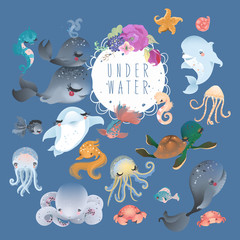 The set of cute sea, ocean, underwater animals - whale, dolphin, octopus, jellyfish, crab, fish, starfish and turtle