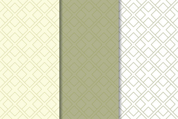 Olive green and white geometric set of seamless patterns