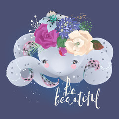 Cute and beautiful octopus in floral, flowers, wreath, bouquet and lettering
