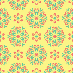 Multi colored seamless floral background. Pink blue green and yellow pattern