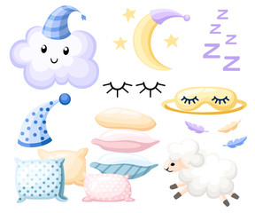 Set of objects for sleep cap for dream pillow different colors lamb cloud moon bandage for eyes on white background vector illustration web site page and mobile app design