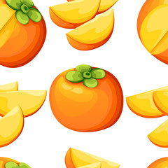 Seamless pattern of persimmon with leaves whole and slices of persimmons. Vector illustration for decorative poster, emblem natural product, farmers market. Website page and mobile app