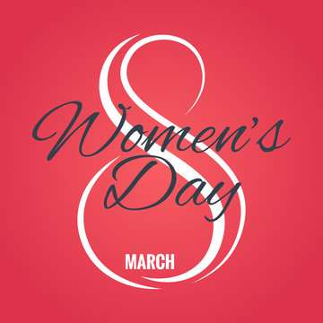 8 march logo. Womens day card on red background
