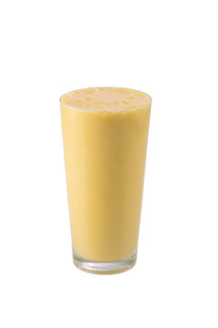 Indian traditional mango flavored yogurt milk shake lassi or smoothie isolated on white background