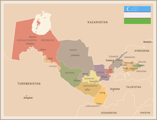 Uzbekistan - vintage map and flag - Detailed Vector Illustration