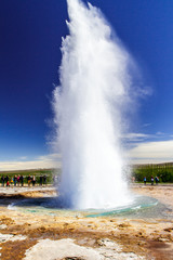 Big geyser in the valley of geysers in Iceland close-up