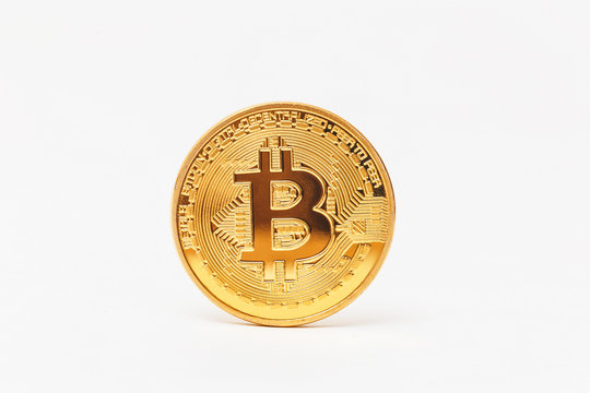 golden one bitcoin btc isolated on white background, concept of digital business currency and mining