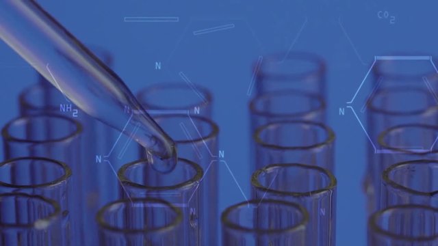 Close up of laboratory scientist working with a pipette analyzes and extract the DNA or molecules in the test tubes.on blue background with virtual interface
